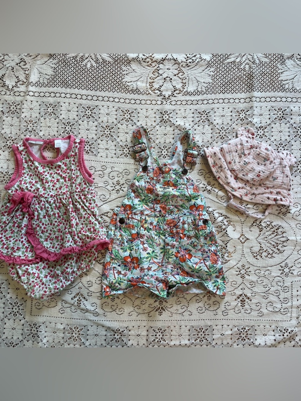 Lot of 3 baby girl 18-24 mo floral summer bundle with dress overalls bucket hat
